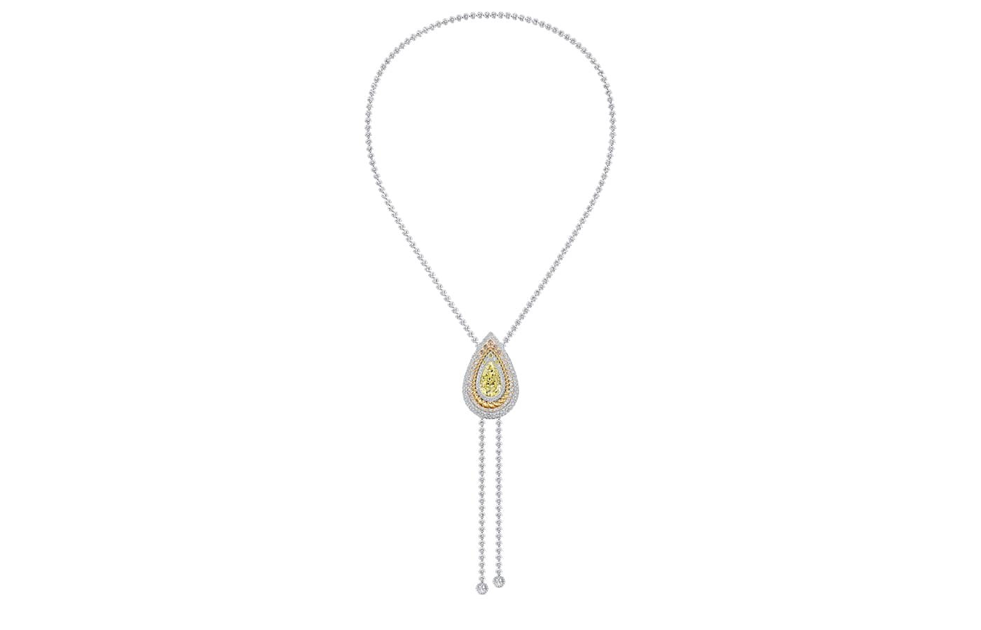  De Beers Prelude transformable jewel in necklace form in yellow, rose and white gold, brown diamonds, white diamonds and a 10.05-ct Fancy Light Yellow pear-shaped diamond from the Metamorphosis High Jewellery collection 
