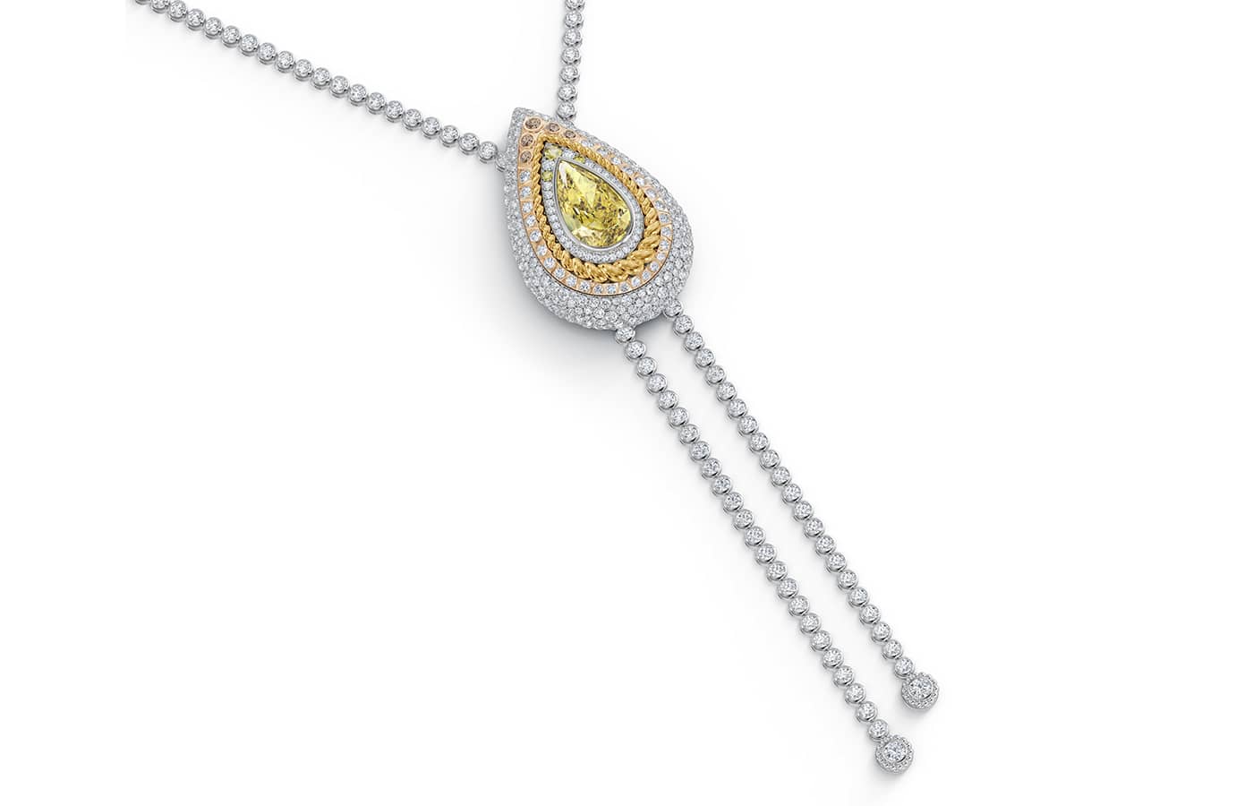  De Beers Prelude transformable necklace and brooch in yellow, rose and white gold, brown diamonds, white diamonds and a 10.05-ct Fancy Light Yellow pear-shaped diamond from the Metamorphosis High Jewellery collection 