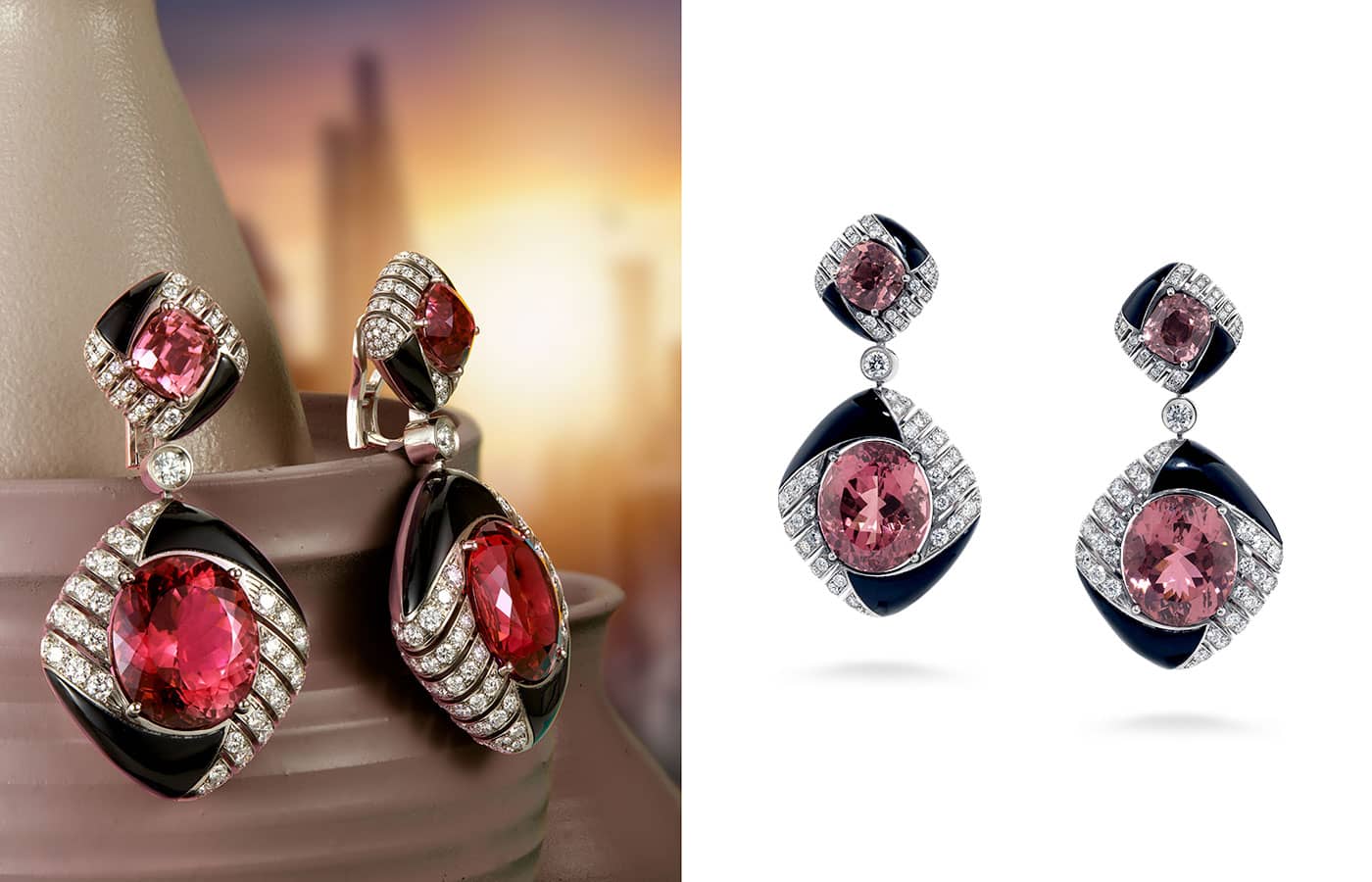 David Morris Meteora earrings in white gold, featuring two tourmalines of over 30-cts each, onyx and diamonds from the Skylines High Jewellery collection