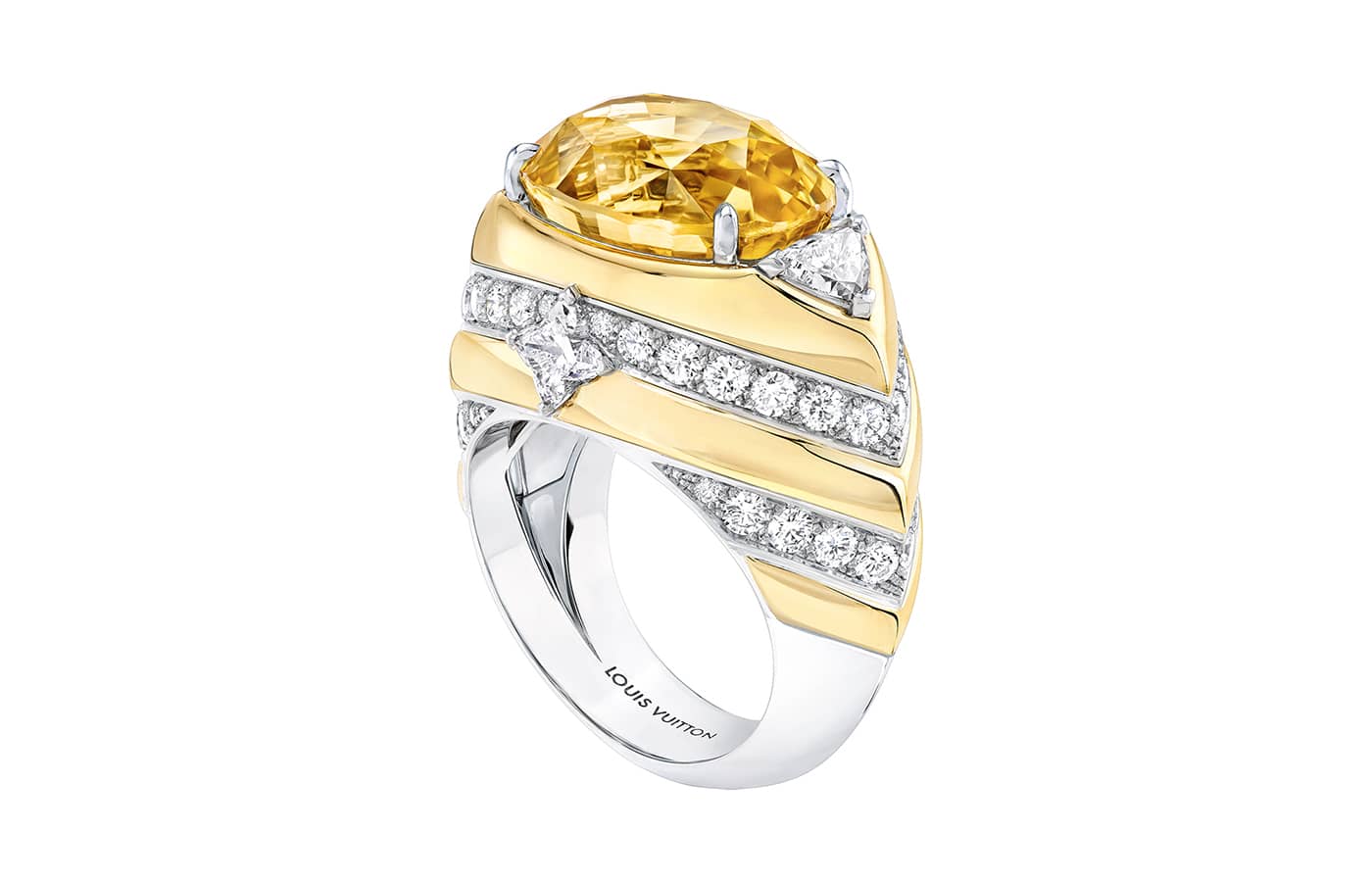  Louis Vuitton Fantasy ring in gold, white gold, a 15.30-carat yellow sapphire, two LV monogram star.cut diamonds and diamonds from the Spirit Chapter II High Jewellery collection  