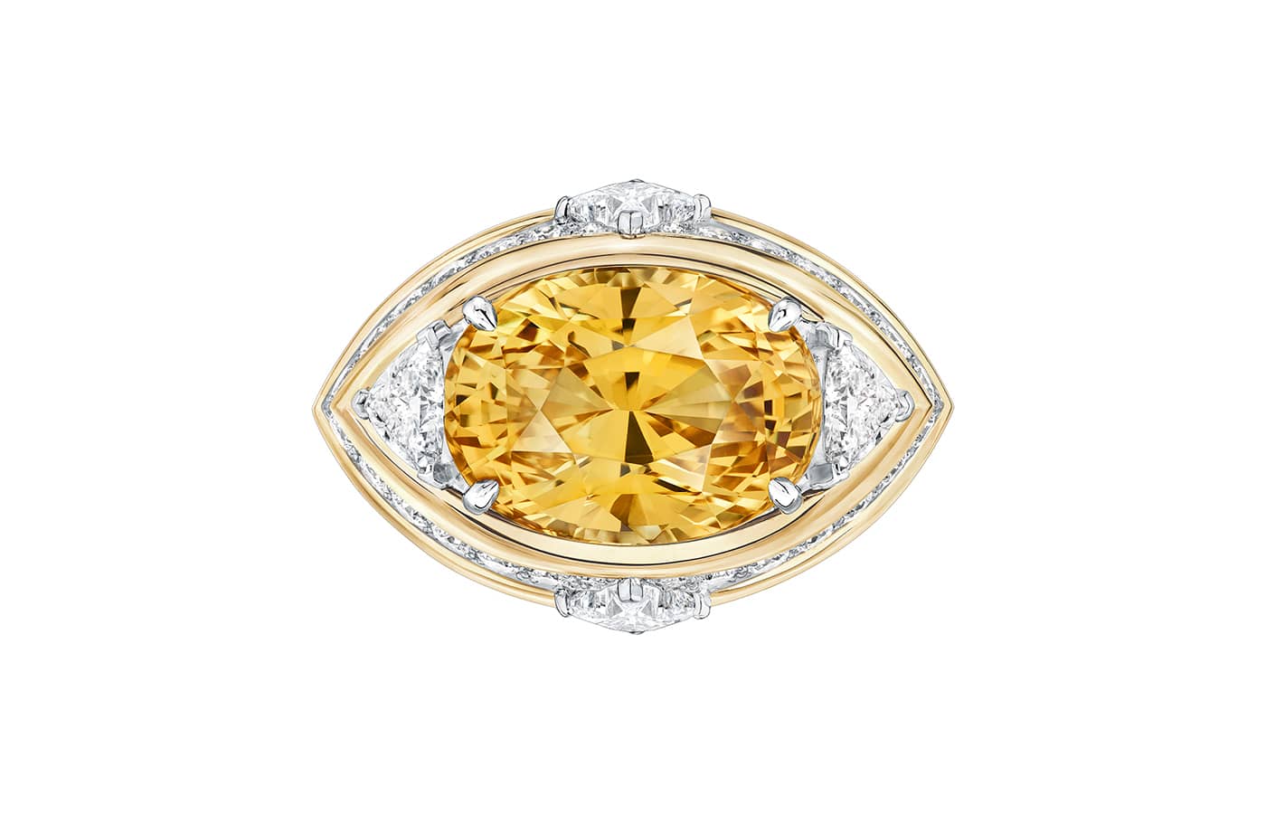  Top view of the Louis Vuitton Fantasy ring in gold, white gold, a 15.30-carat yellow sapphire, two LV monogram star.cut diamonds and diamonds from the Spirit Chapter II High Jewellery collection  
