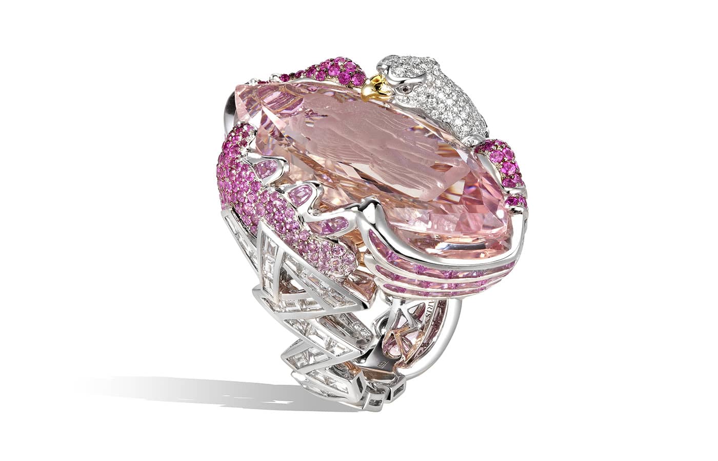 Lydia Courteille Jupiter and Ganymede ring in white gold, featuring a 41.34-ct morganite, pink sapphires and diamonds from the Love Story High Jewellery collection