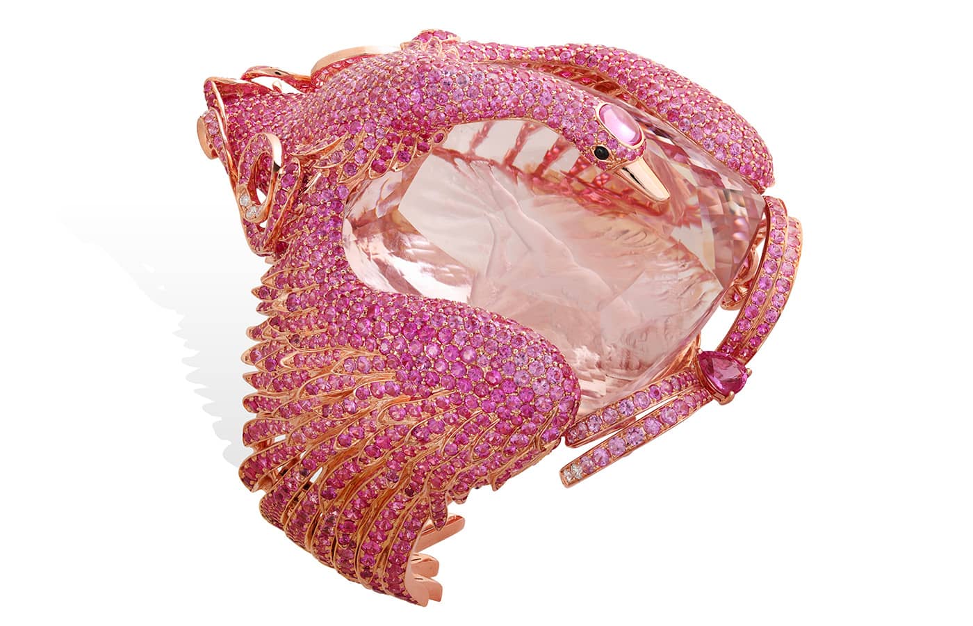  Lydia Courteille Leda and The Swan bracelet in pink gold, featuring a 354-ct morganite, sapphires and diamonds from the Love Story High Jewellery collection