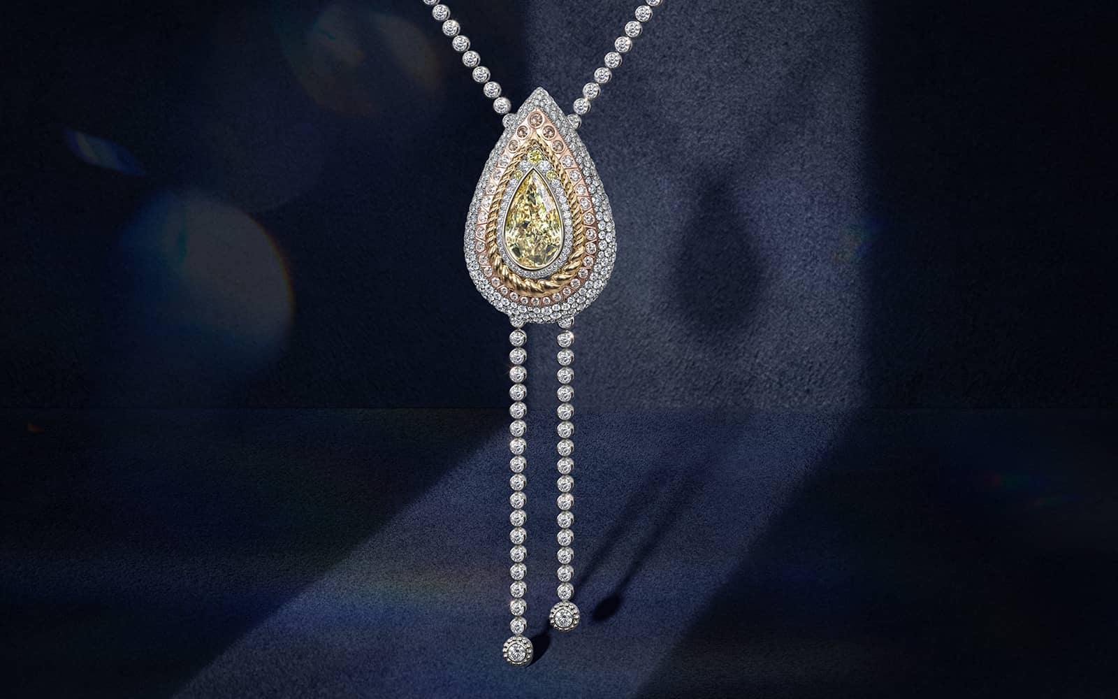 De Beers Prelude transformable necklace and brooch in yellow, rose and white gold, brown diamonds, white diamonds and a 10.05-ct Fancy Light Yellow pear-shaped diamond from the Metamorphosis High Jewellery collection 