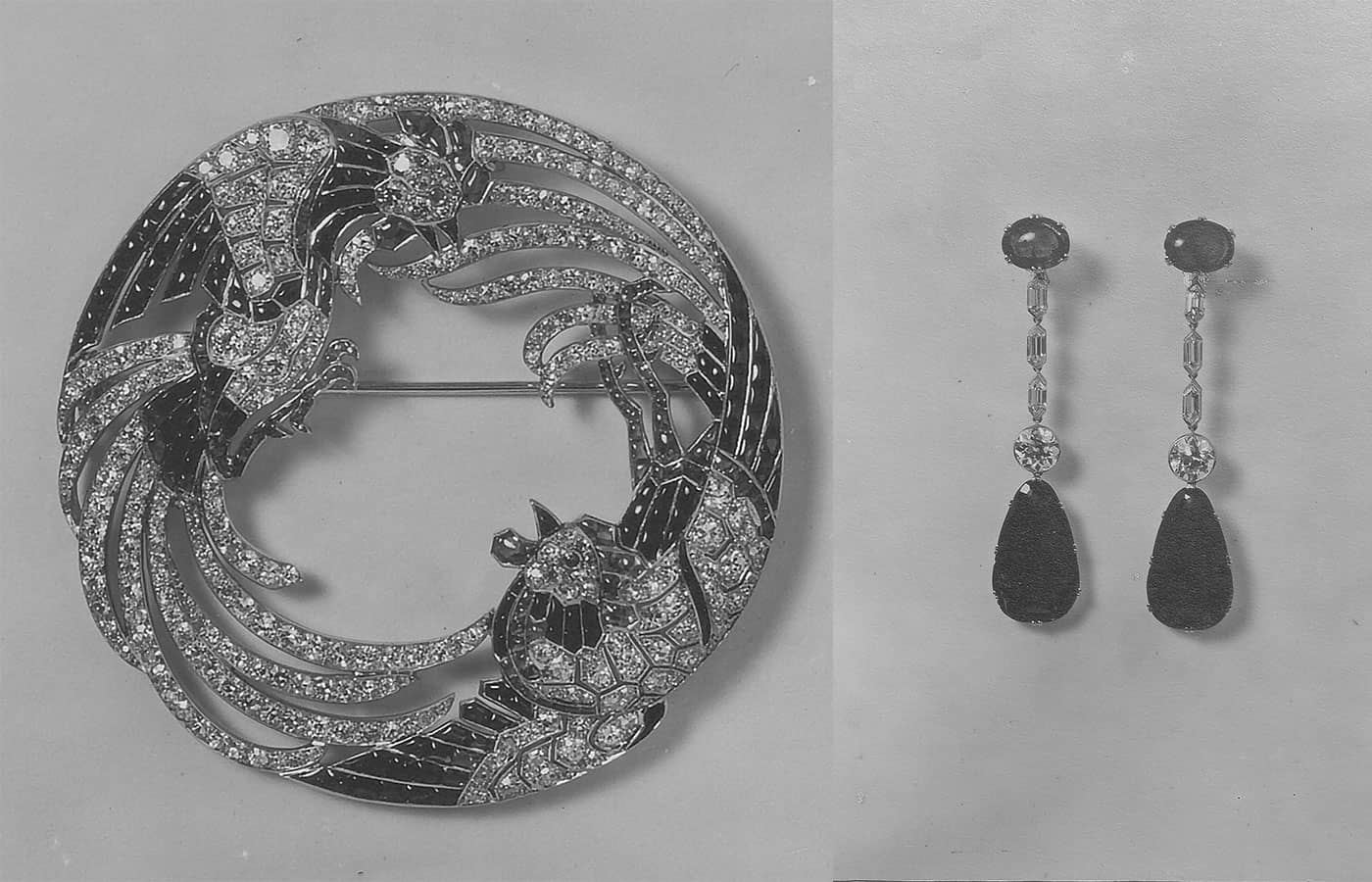  The Prince of Wales Art Deco rooster brooch (1925, left) and the Mrs Greville emerald and diamond ear pendants (1923) from the Boucheron Archive