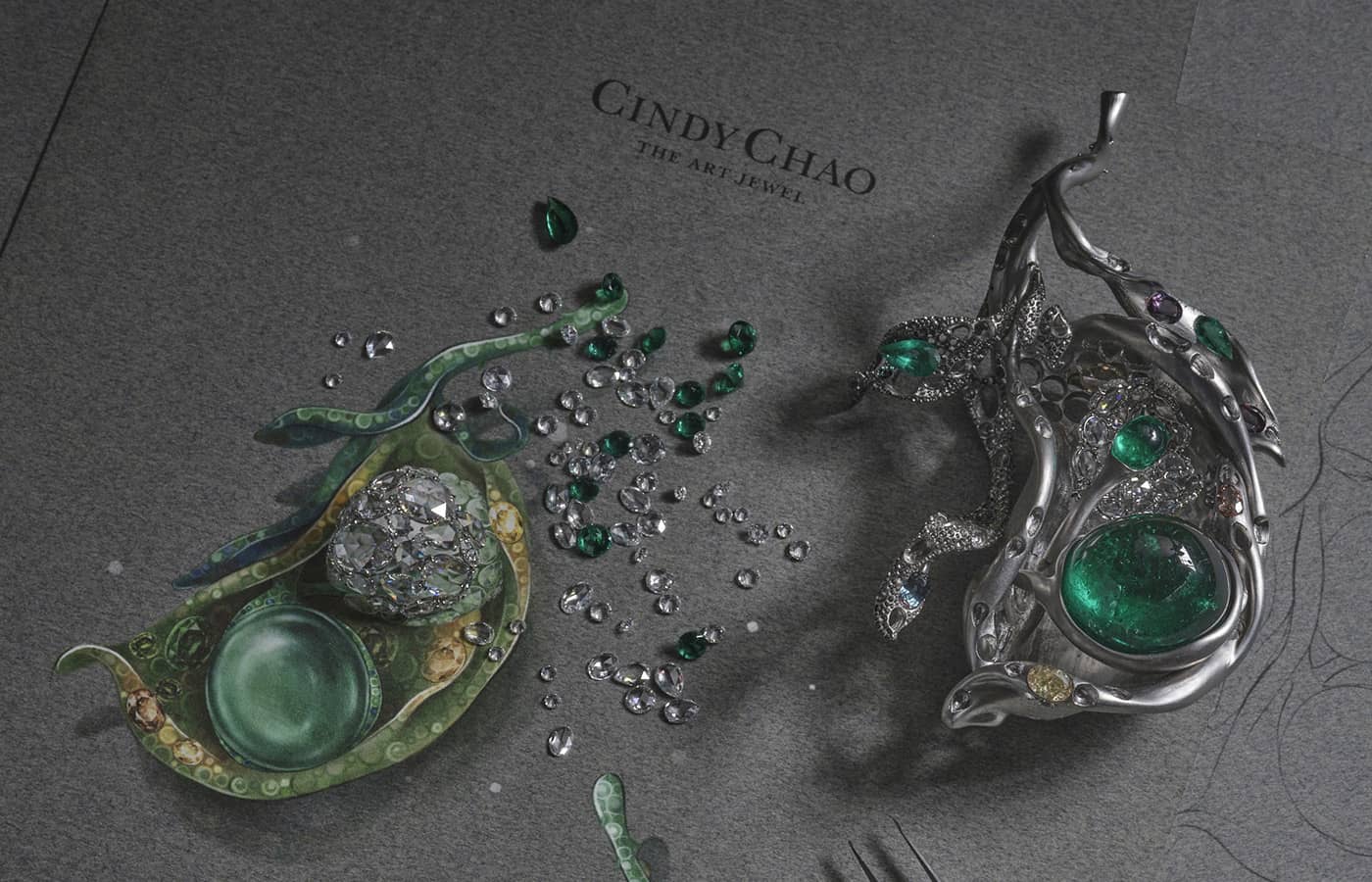 Making of the Cindy Chao The Art Jewel Cardamom brooch in titanium, emerald, diamond and coloured gemstones, from the Black Label Masterpiece High Jewellery collection