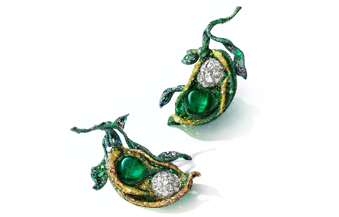 Cindy Chao The Art Jewel Cardamom brooches in titanium, featuring 2 emeralds of approximately 81-cts each, white, brown and yellow diamonds, tsavorites, sapphires, tourmalines and alexandrites from the Black Label Masterpieces High Jewellery collection