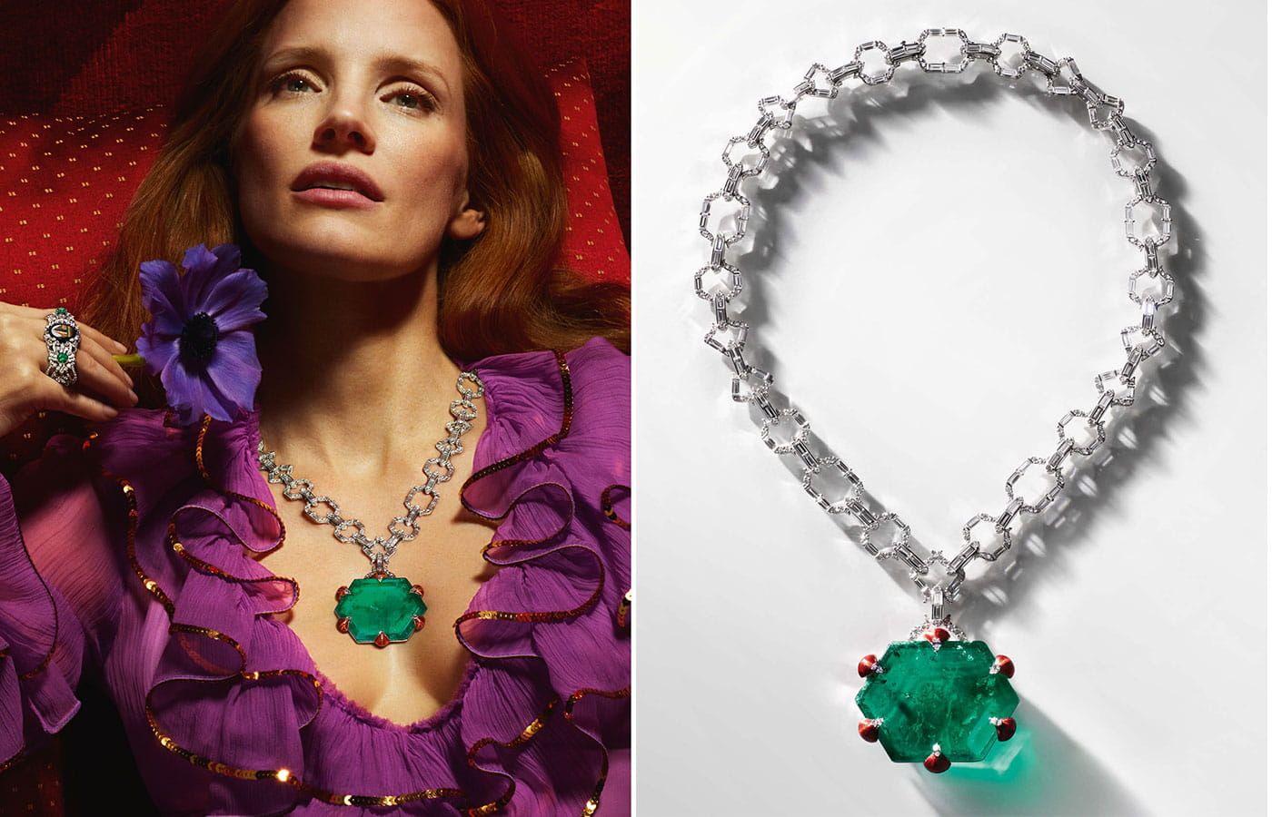 Gucci High Jewellery necklace worn by actress Jessica Chastain with a 172.41 carat hexagon-shaped emerald from the Hortus Deliciarum High Jewellery collection