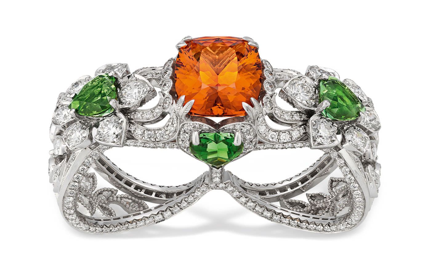 Gucci High Jewellery High Jewellery multi finger ring in white gold set with a 10.3-ct mandarin garnet, green tourmaline and diamonds from the Hortus Deliciarum High Jewellery collection 