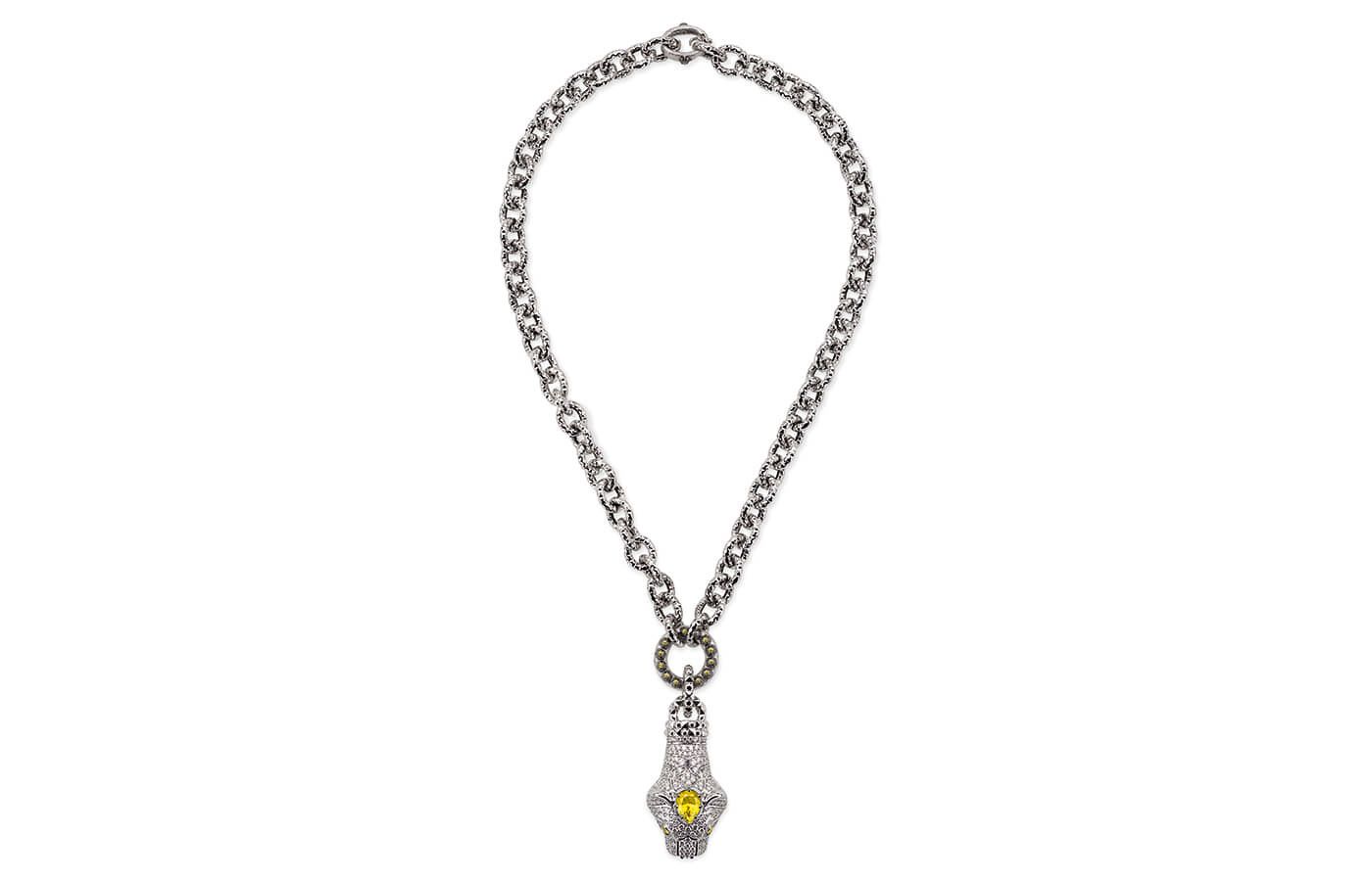  Gucci High Jewellery necklace with Tiger Head pendant in white gold set with a 4.5-ct yellow sapphire, fancy and white diamonds from the Hortus Deliciarum High Jewellery collection