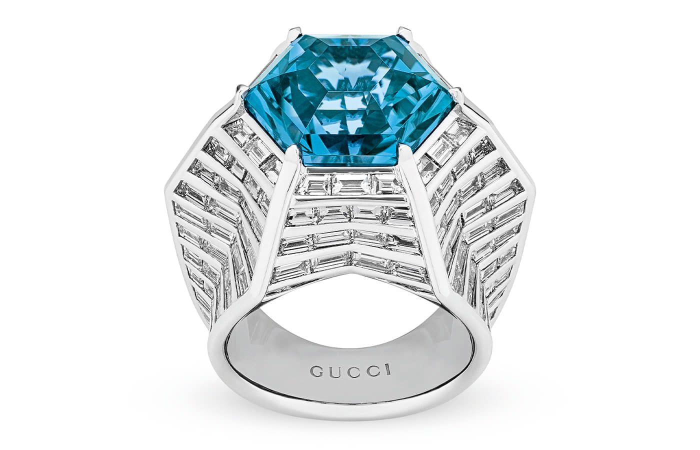   Gucci High Jewellery Solitaire ring in white gold set with a 14.6-ct tanzanite and diamonds from the Hortus Deliciarum High Jewellery collection 