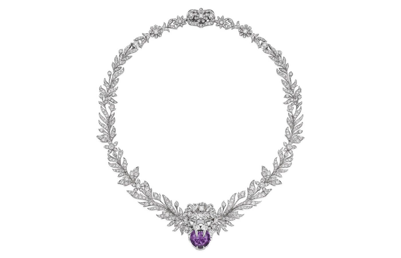  Gucci High Jewellery necklace with Lion Head motif in white gold set with a 8.6-ct purple sapphire and diamonds