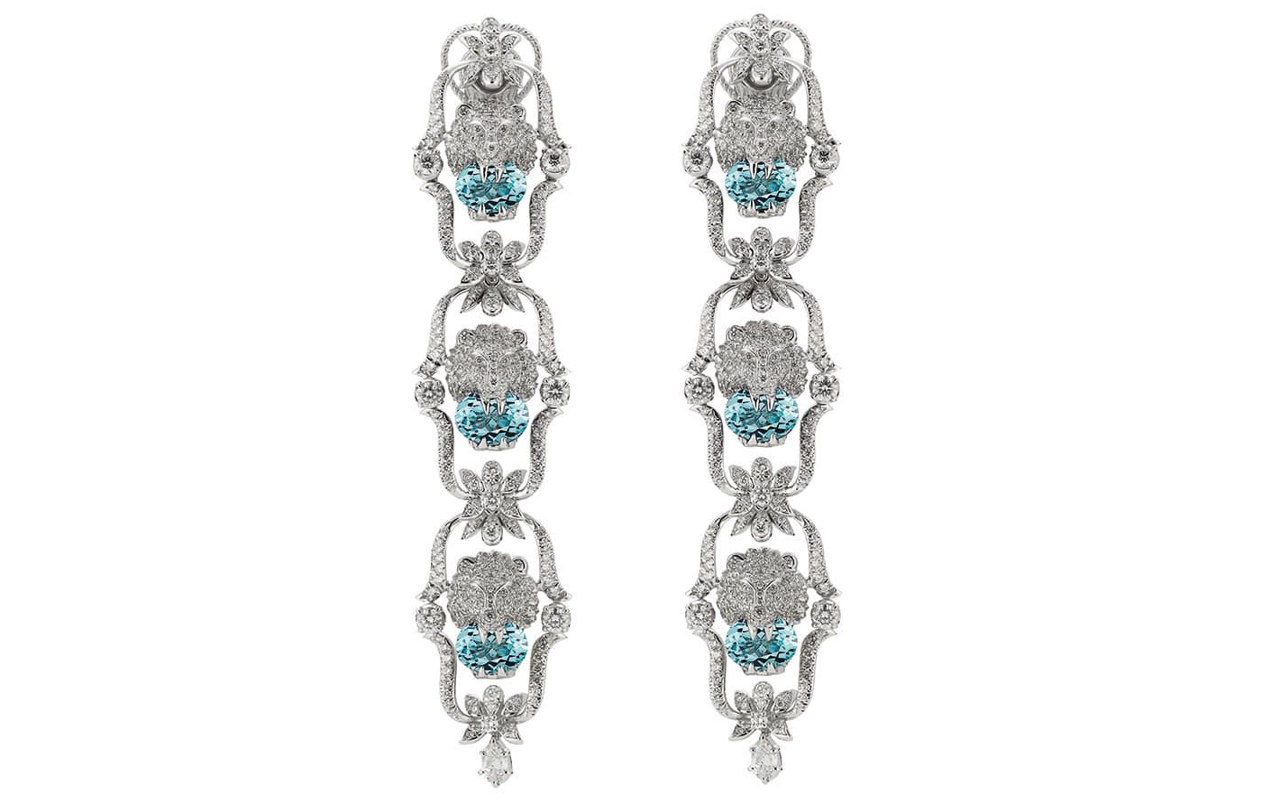  Gucci High Jewellery earrings with Lion Head motif in white gold, aquamarine and diamond from the Hortus Deliciarum High Jewellery collection 