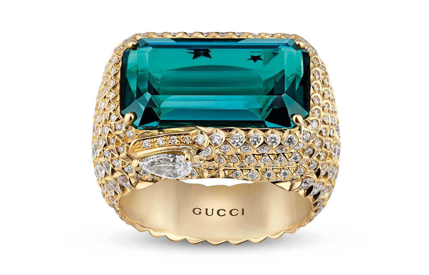  Gucci igh Jewellery Solitaire ring in gold set with a 9.4-ct indicolite and diamonds from the Hortus Deliciarum High Jewellery collection  