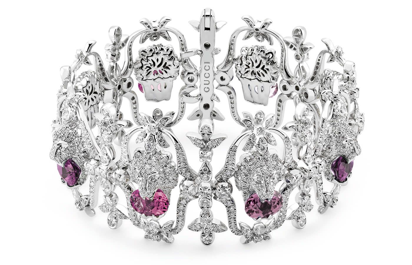 Gucci High Jewellery bracelet with Lion Head motif in white gold with purple and pink sapphires and diamonds from the Hortus Deliciarum High Jewellery collection