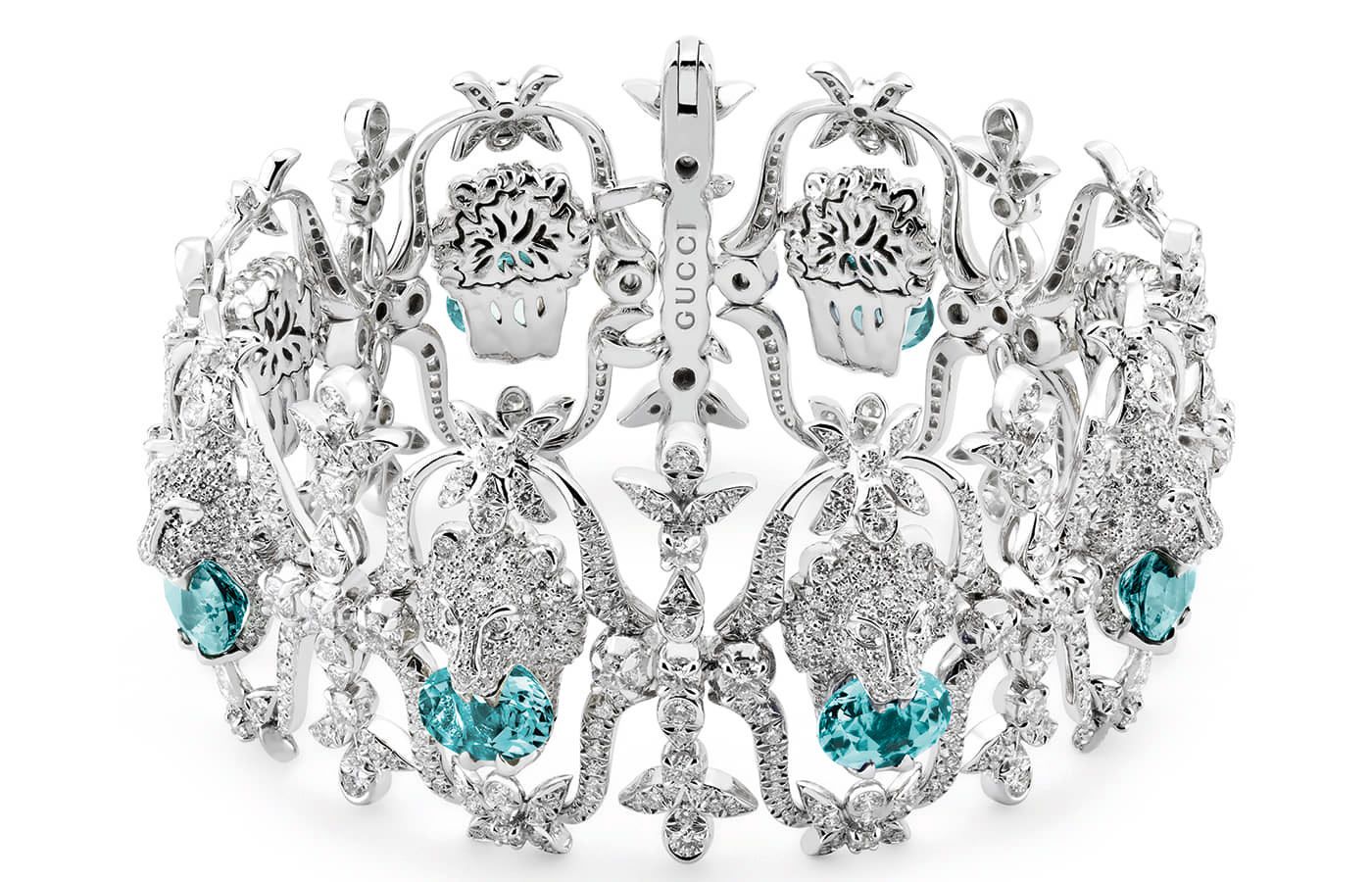  Gucci High Jewellery bracelet with Lion Head motif in white gold, aquamarine and diamond from the Hortus Deliciarum High Jewellery collection 