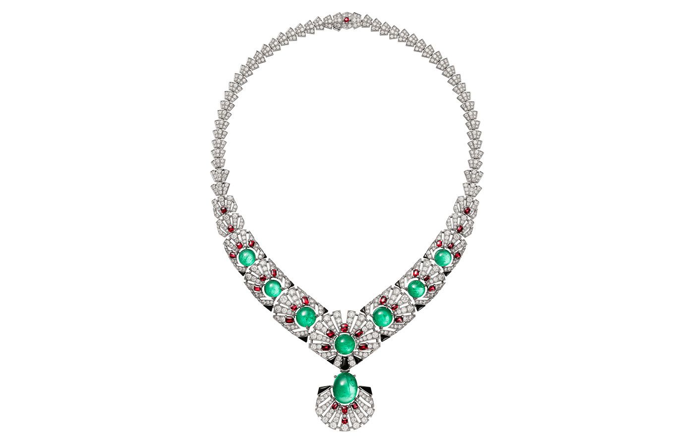 Cartier Obi necklace with Zambian emerald cabochons, onyx, diamonds and calibrated rubies from the Beautés du Monde High Jewellery Collection