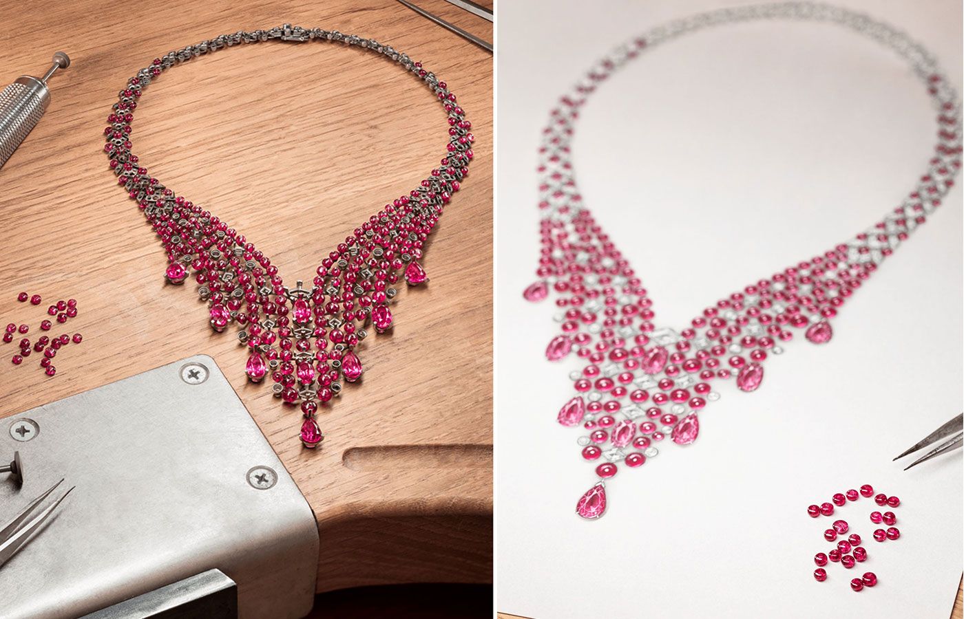  Designing the Cartier Splendens necklace with spinel beads, faceted spinels and diamonds from the Cartier Beautés du Monde Chapter III High Jewellery collection
