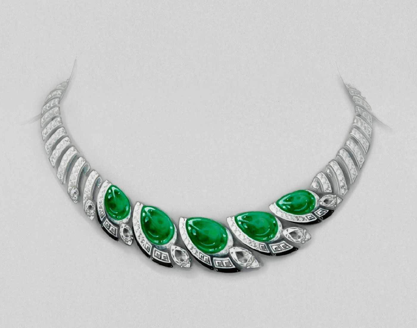  Cartier Camail necklace with 42.33 carats of Zambian emerald cabochons, diamonds, onyx, lacquer and enamel from the Beautés du Monde High Jewellery Collection