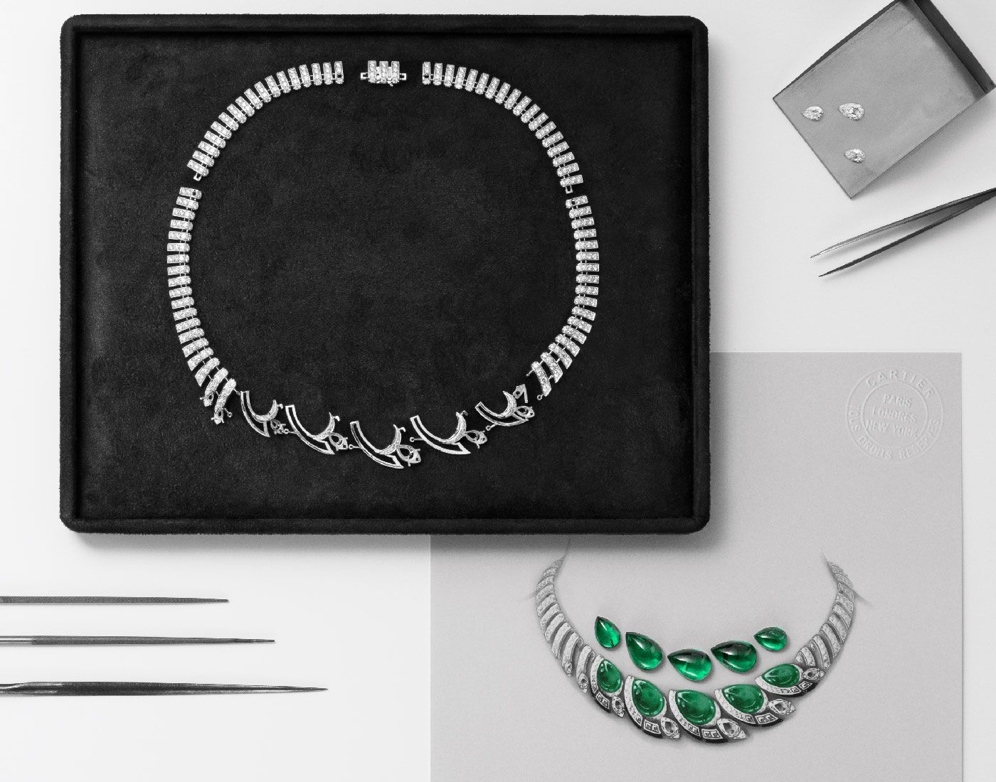 Designing the Cartier Camail necklace from the  Beautés du Monde High Jewellery Collection to evoke a bird's wings in flight