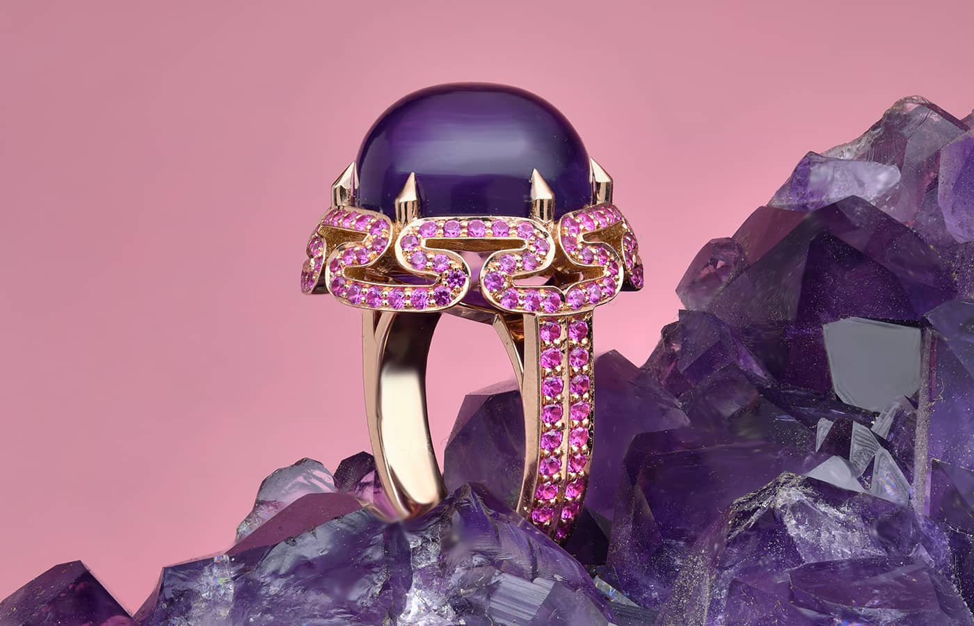  Lily Gabriella gold, amethyst and pink sapphire ring