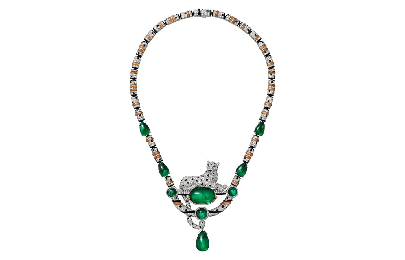 Cartier High Jewellery necklace  in platinum, emeralds, cornaline, onyx and diamonds from the Cartier Beautés du Monde Chapter III High Jewellery collection