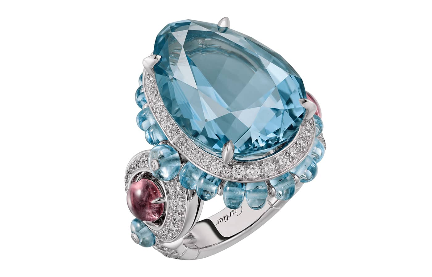 Cartier High Jewellery ring in platinum, aquamarines, featuring a 22.78-ct pear-shaped aquamarine, rubellites and diamonds from the Cartier Beautés du Monde Chapter III High Jewellery collection