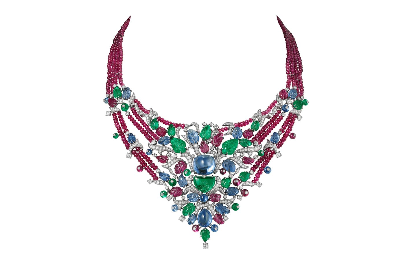 Cartier High Jewellery necklace in platinum, sapphires, rubies, emeralds and diamonds from the Cartier Beautés du Monde Chapter III High Jewellery collection
