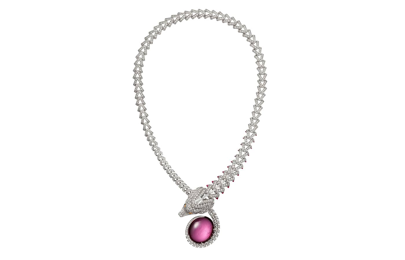  Cartier High Jewellery necklace in white gold, rubellites, orange sapphires, featuring a 31.24-ct cabochon-cut rubellite and diamonds from the Cartier Beautés du Monde Chapter III High Jewellery collection