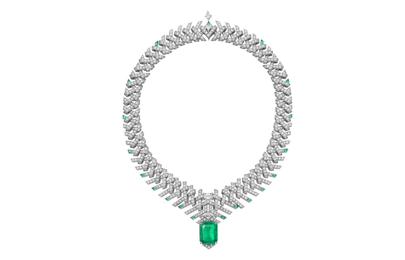  Cartier High Jewellery necklace in white gold, emeralds, featuring a 17.23-ct octagonal emerald and diamonds from the Cartier Beautés du Monde Chapter III High Jewellery collection