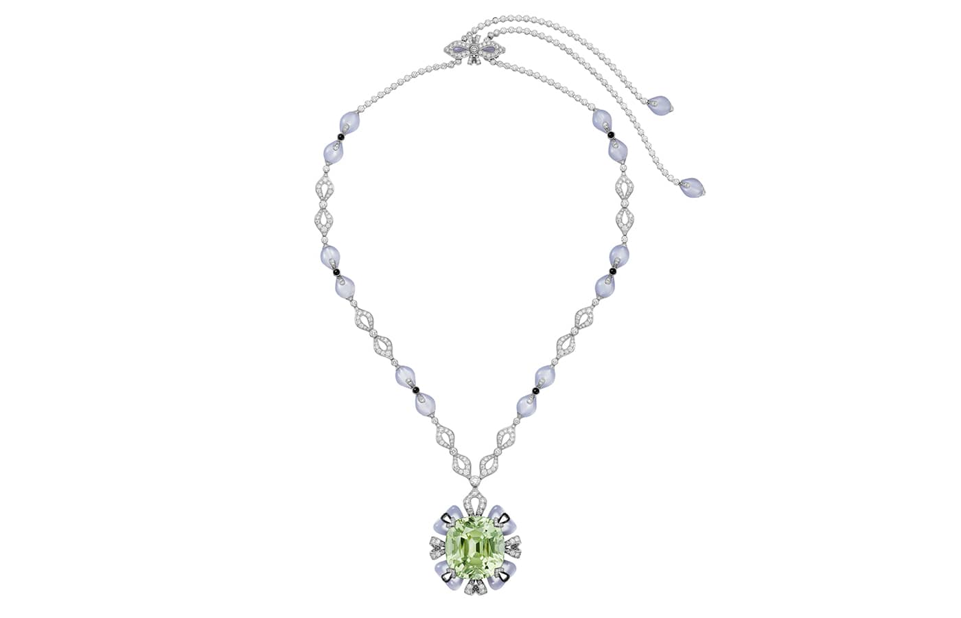  Cartier High Jewellery necklace in platinum, featuring a 80.82-ct cushion-shaped green tourmaline, chalcedony, onyx, black laquer and diamonds from the Cartier Beautés du Monde Chapter III High Jewellery collection 