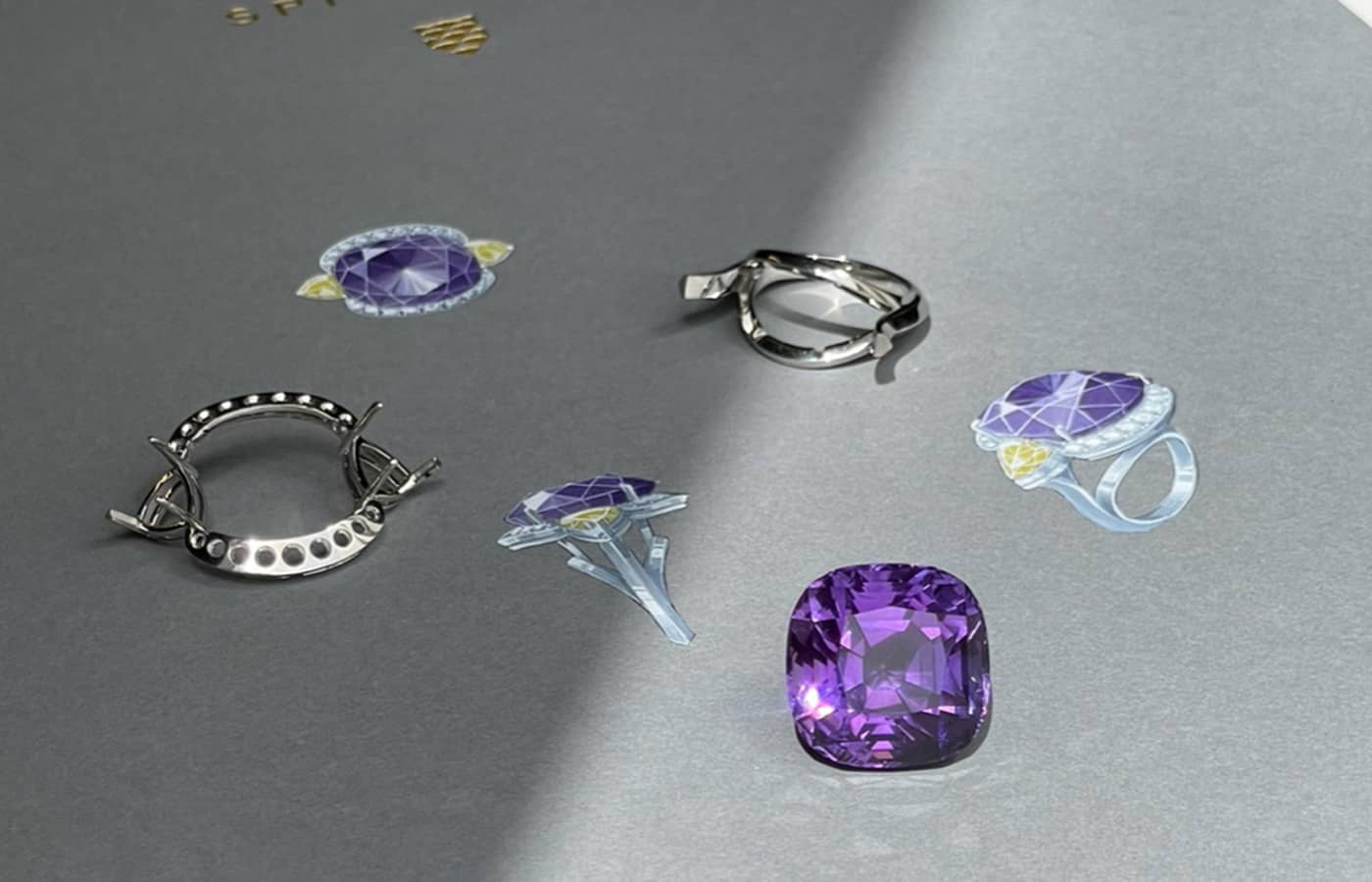  Drawing of a solitaire amethyst ring by Atelier Spilateri