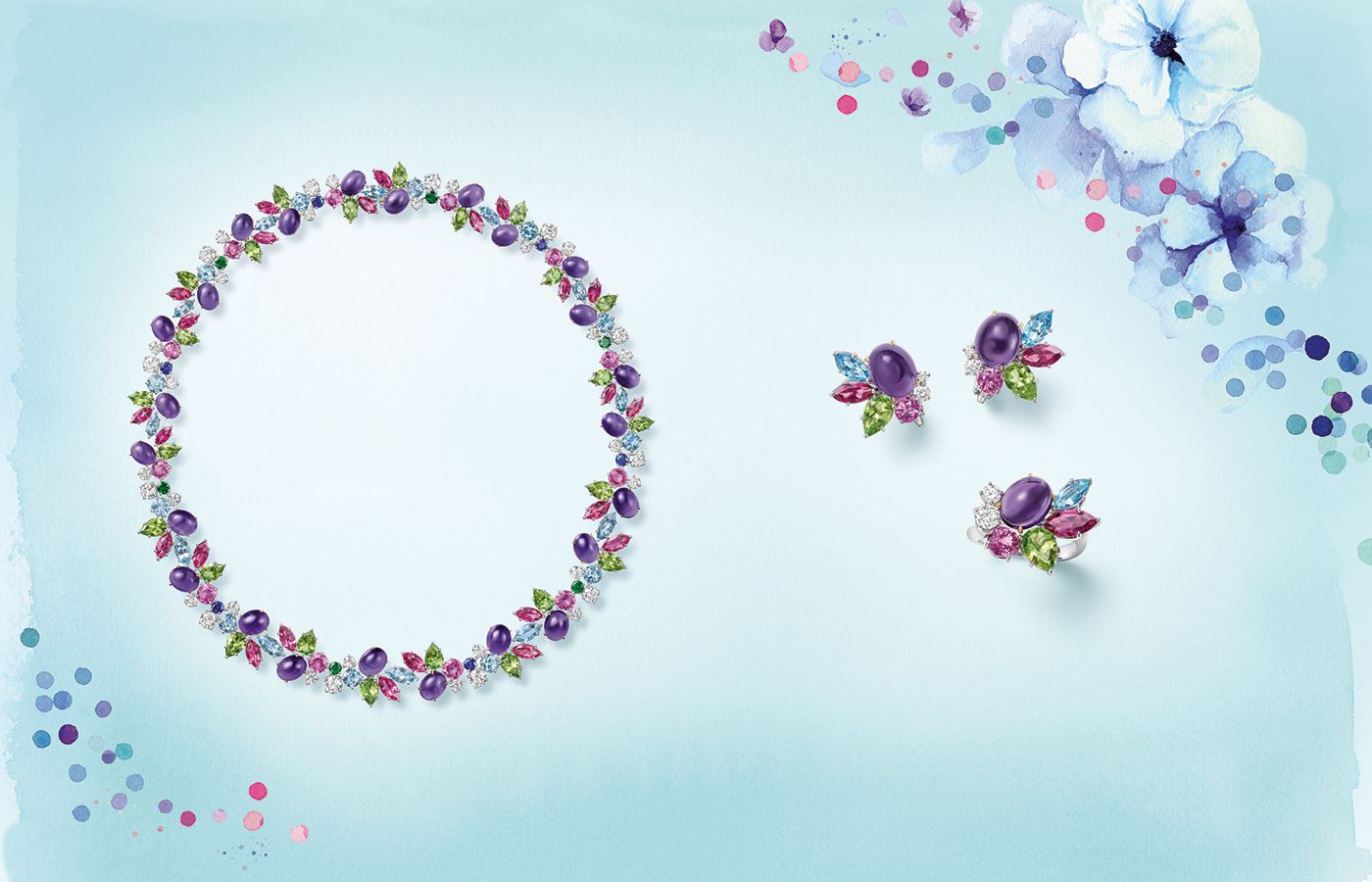 Harry Winston jewels in platinum, cabochon amethysts, rubellites, peridots, aquamarines, tsavorites, sapphires and diamonds