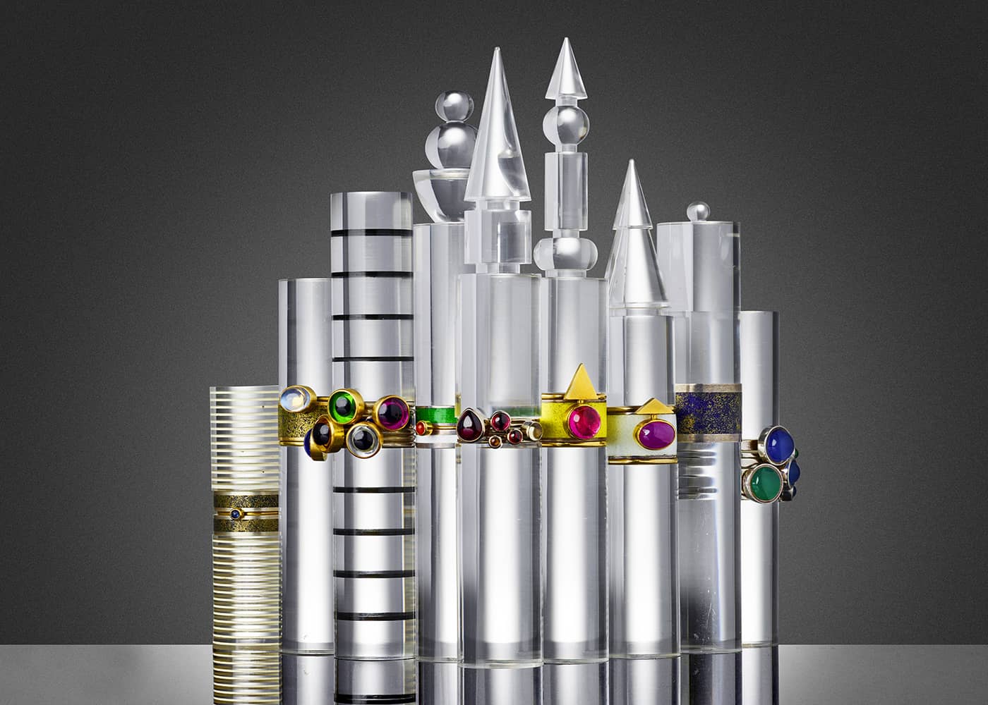 Collection of ring stack from the artists estate of Wendy Ramshaw