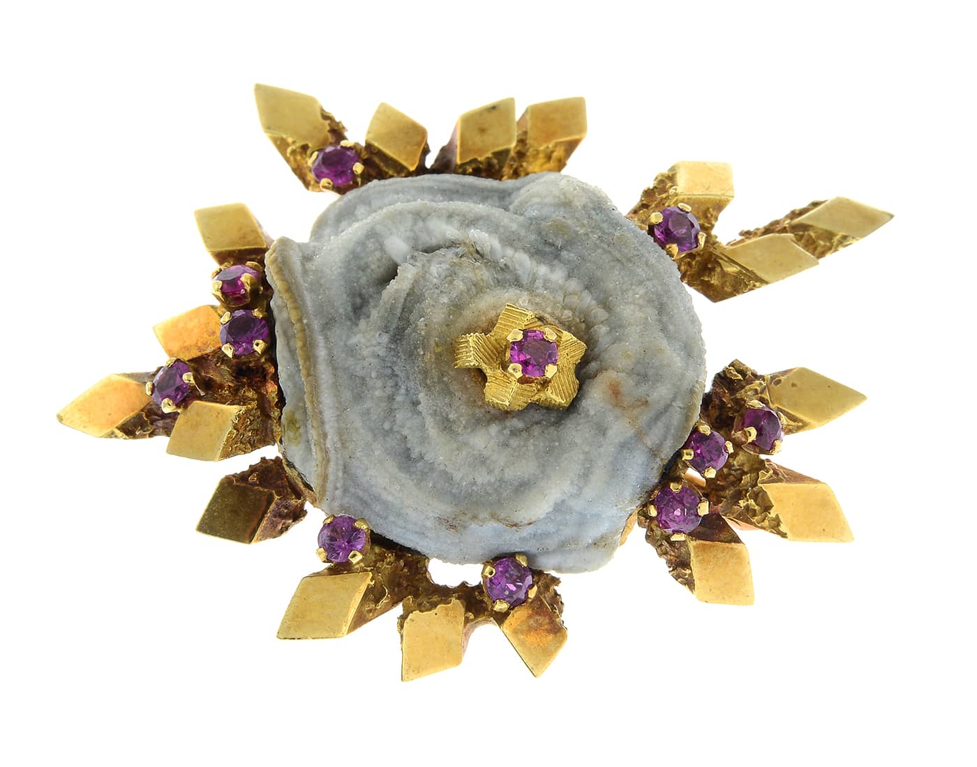  A 1960s gold druzy agate and ruby brooch by John Donald