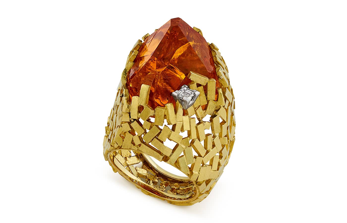 1995 Yellow gold 'bricks', citrine crystal and a single square cut diamond ring by Andrew Grima