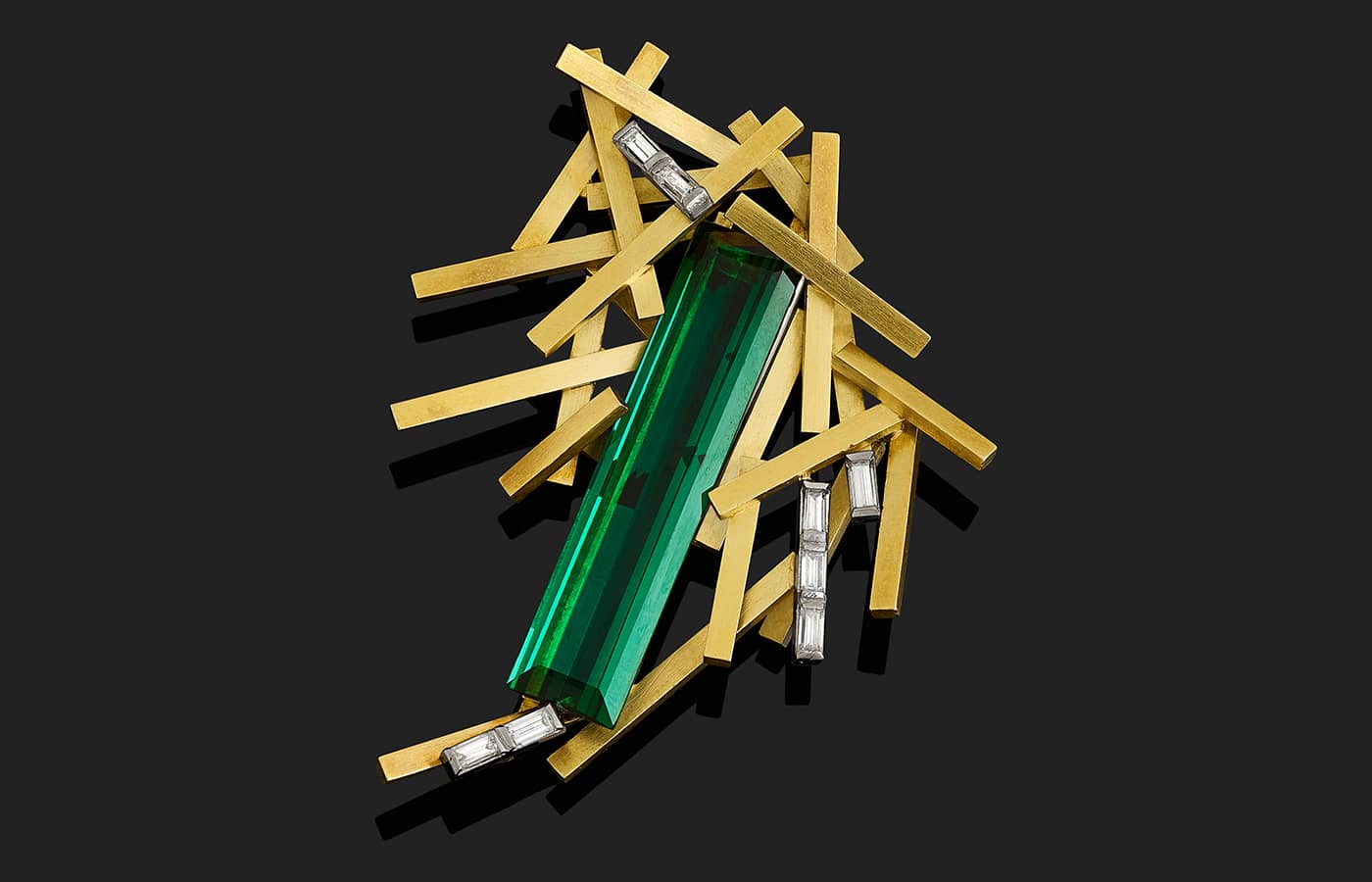  1967 Matchsticks brooch in gold, green tourmalines and baguette diamonds by Andrew Grima
