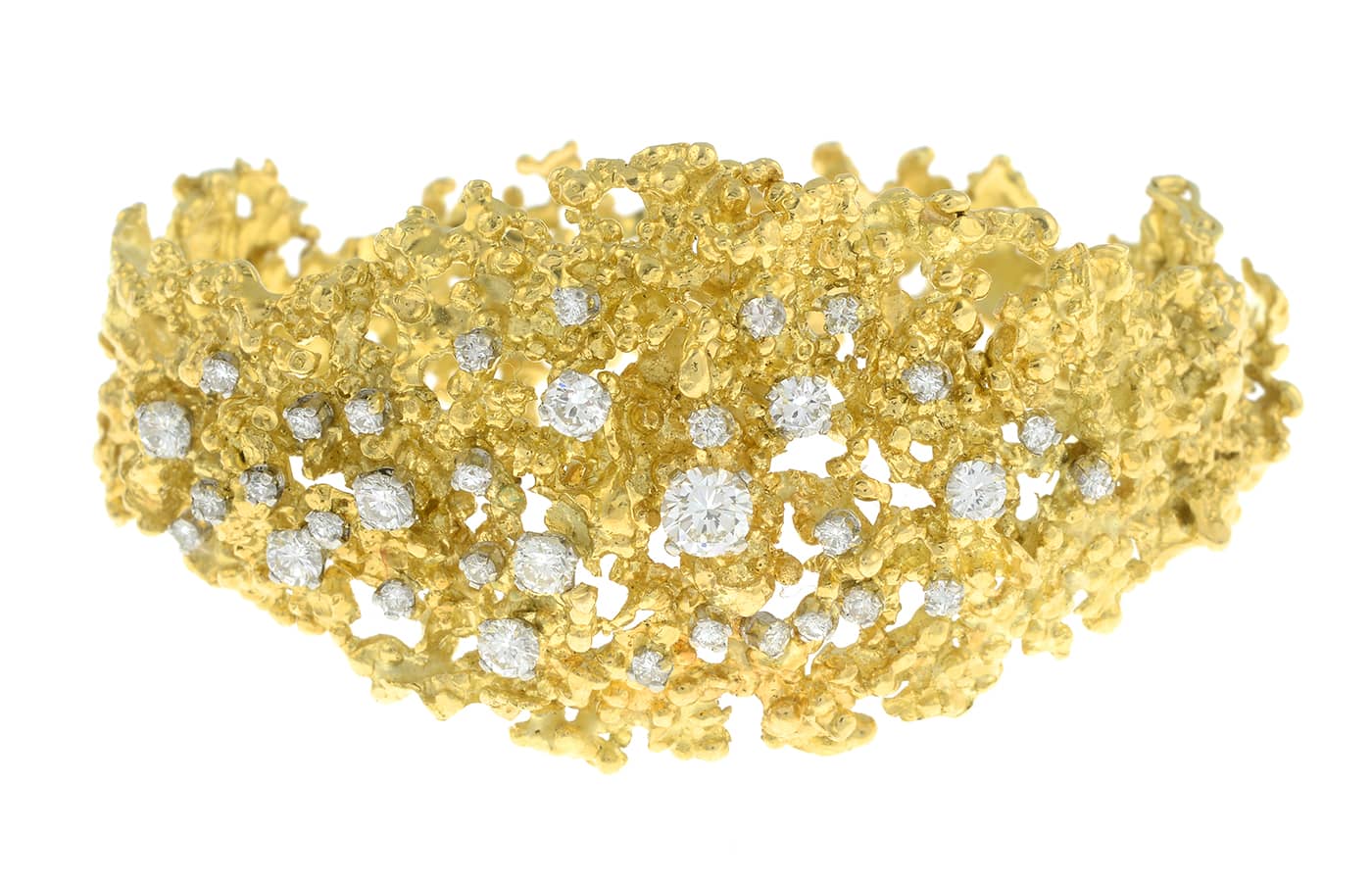 A 1970's textured openwork gold and scattered brilliant-cut diamond hinged bangle by George Weil
