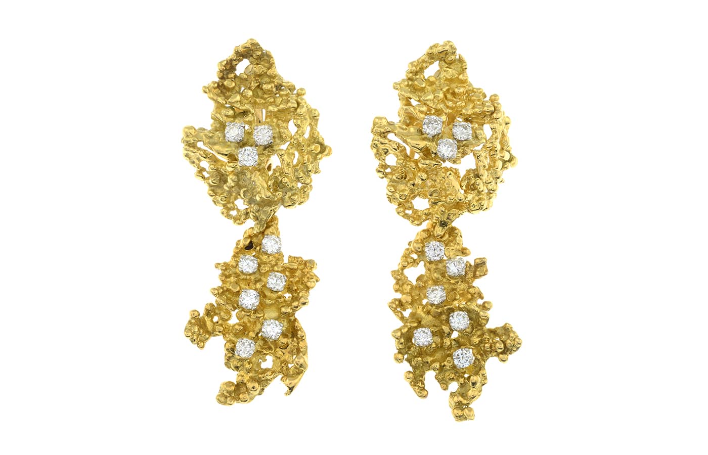 A pair of 1970's textured openwork and scattered brilliant-cut diamond earrings with detachable drop by George Weil