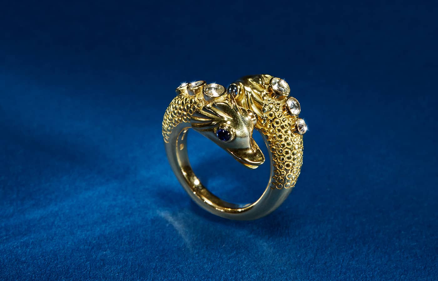  Historic gold Dolphin ring with sapphire cabochons and rose-cut diamonds by Elizabeth Gage