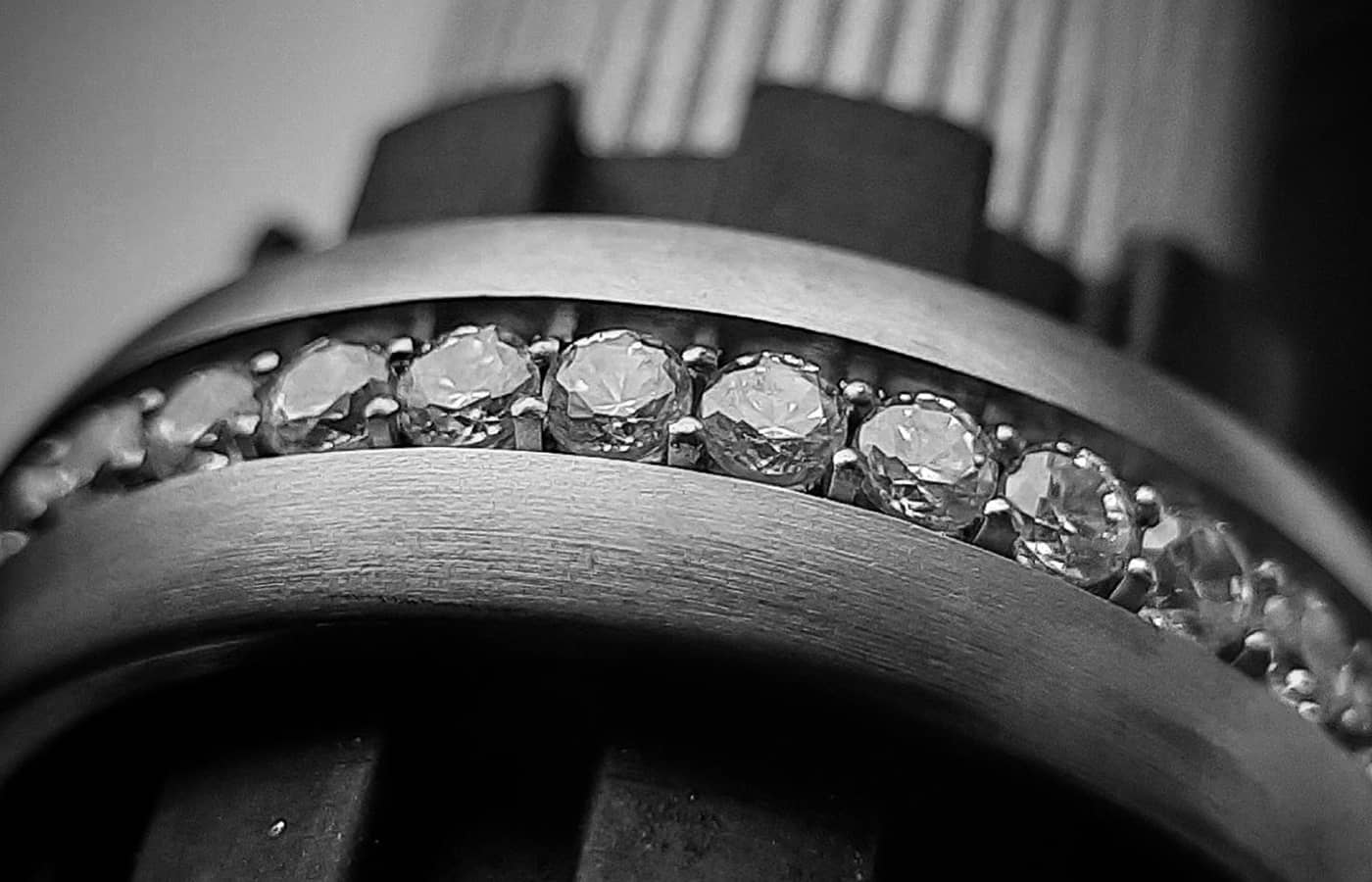  A wedding band with a channel of diamonds set by students at the International Jewellery School in St Petersburg 