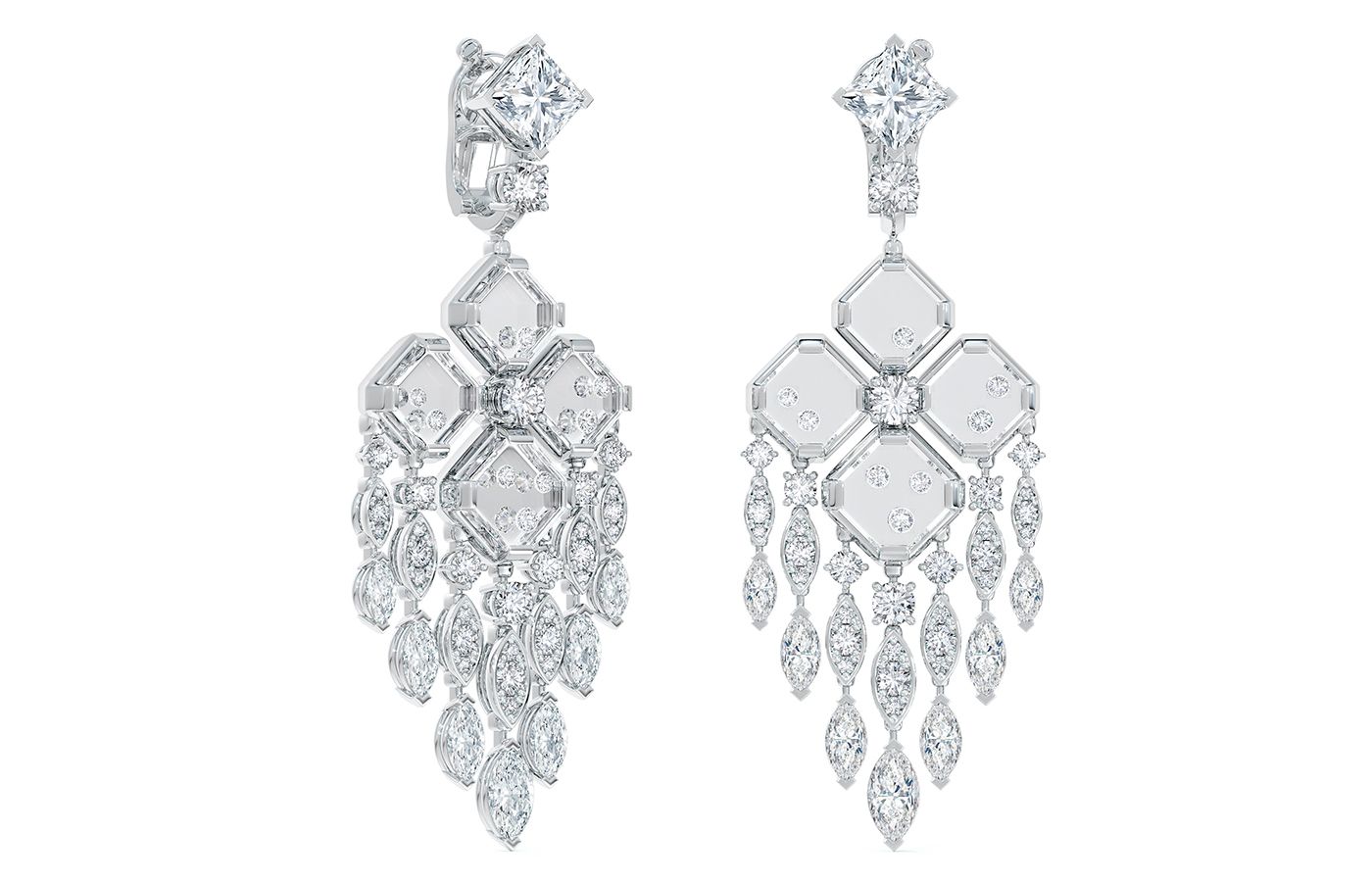 De Beers The Alchemist of Light Frozen Capture Chandelier earrings in white gold, rock crystal and diamond