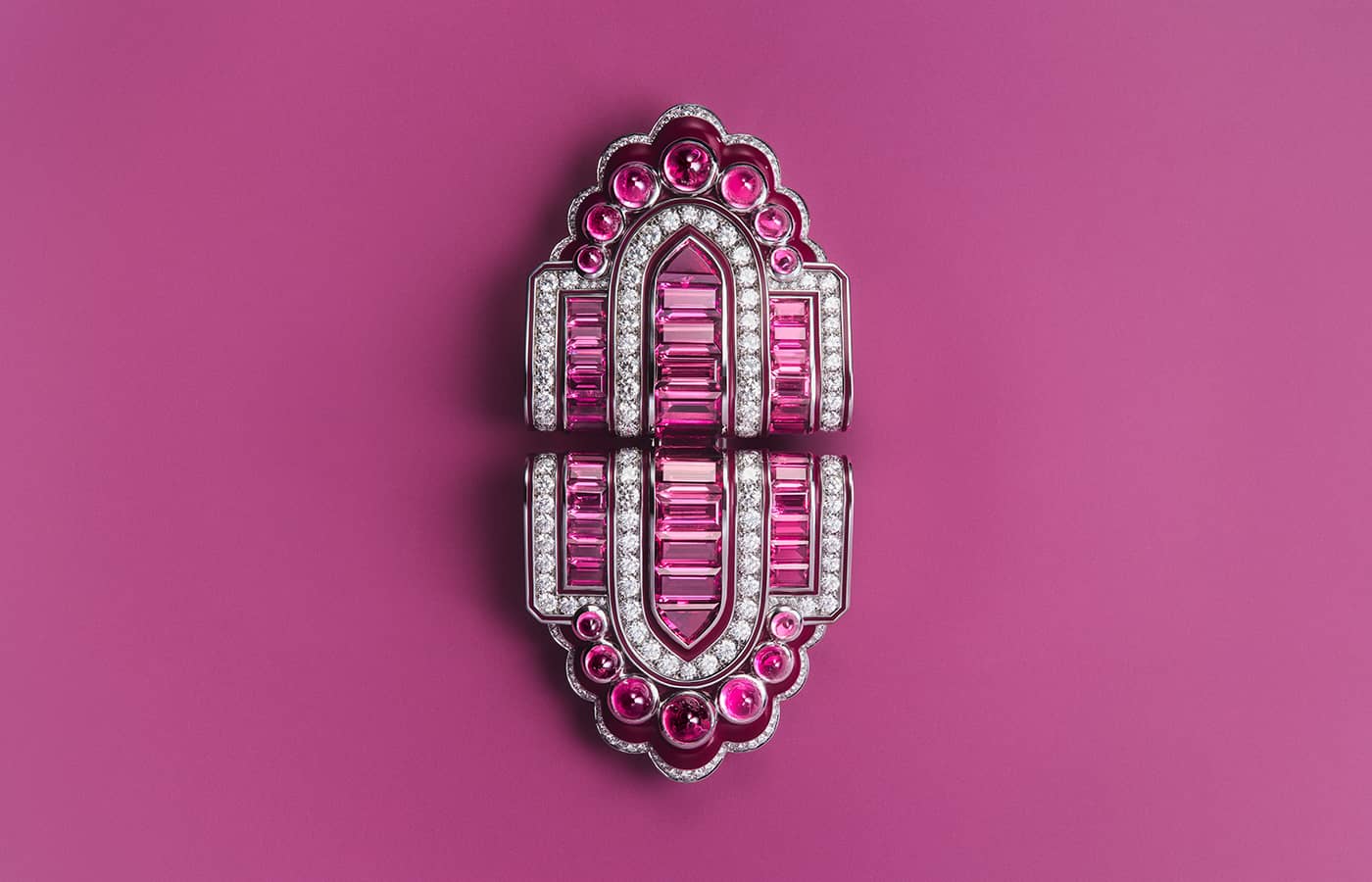  Mega Pink brooch paved with tourmalines and diamonds in white gold from the Boucheron Like a Queen High Jewellery Collection