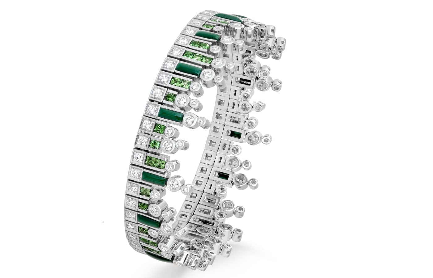 Garrard Amazonia bracelet in white gold, emerald, diamond, tsavorite and malachite from the Couture High Jewellery collection