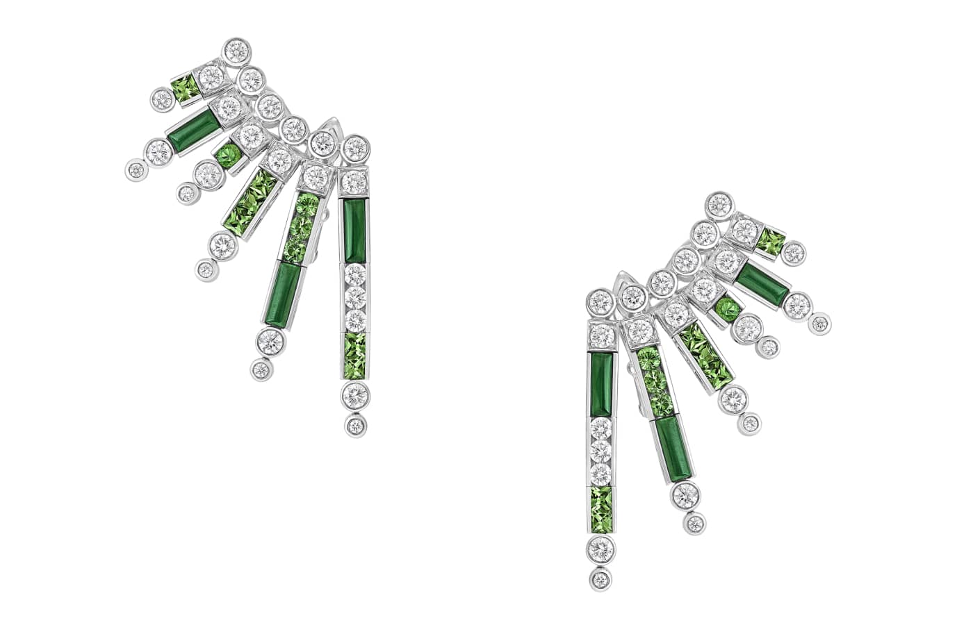  Garrard Amazonia earrings in white gold, emerald, diamond, tsavorite and malachite from the Couture High Jewellery collection
