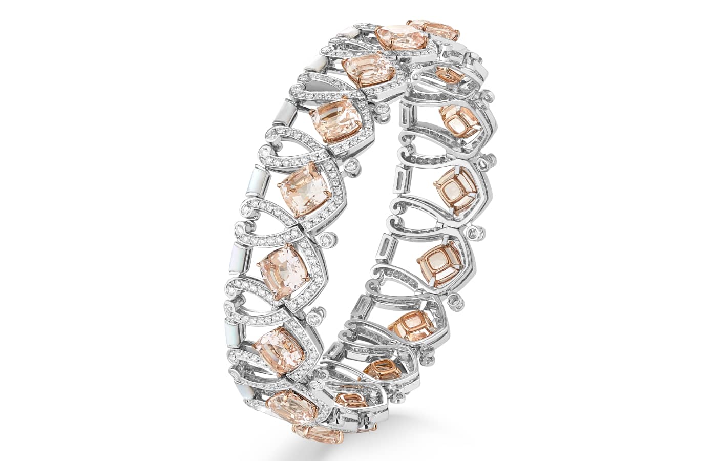  Garrard Desert Rose bracelet in white gold, morganite, diamond and white mother-of-pearl from the Couture High Jewellery collection