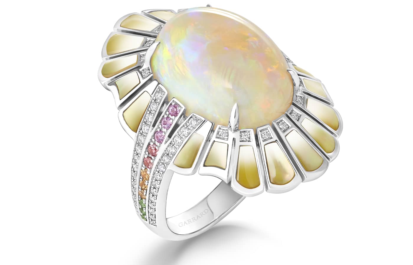  Garrard Northern Lights ring in white gold, opal, diamond, multi-coloured sapphire, green tourmaline, tsavorite and mother-of-pearl from the Couture High Jewellery collection