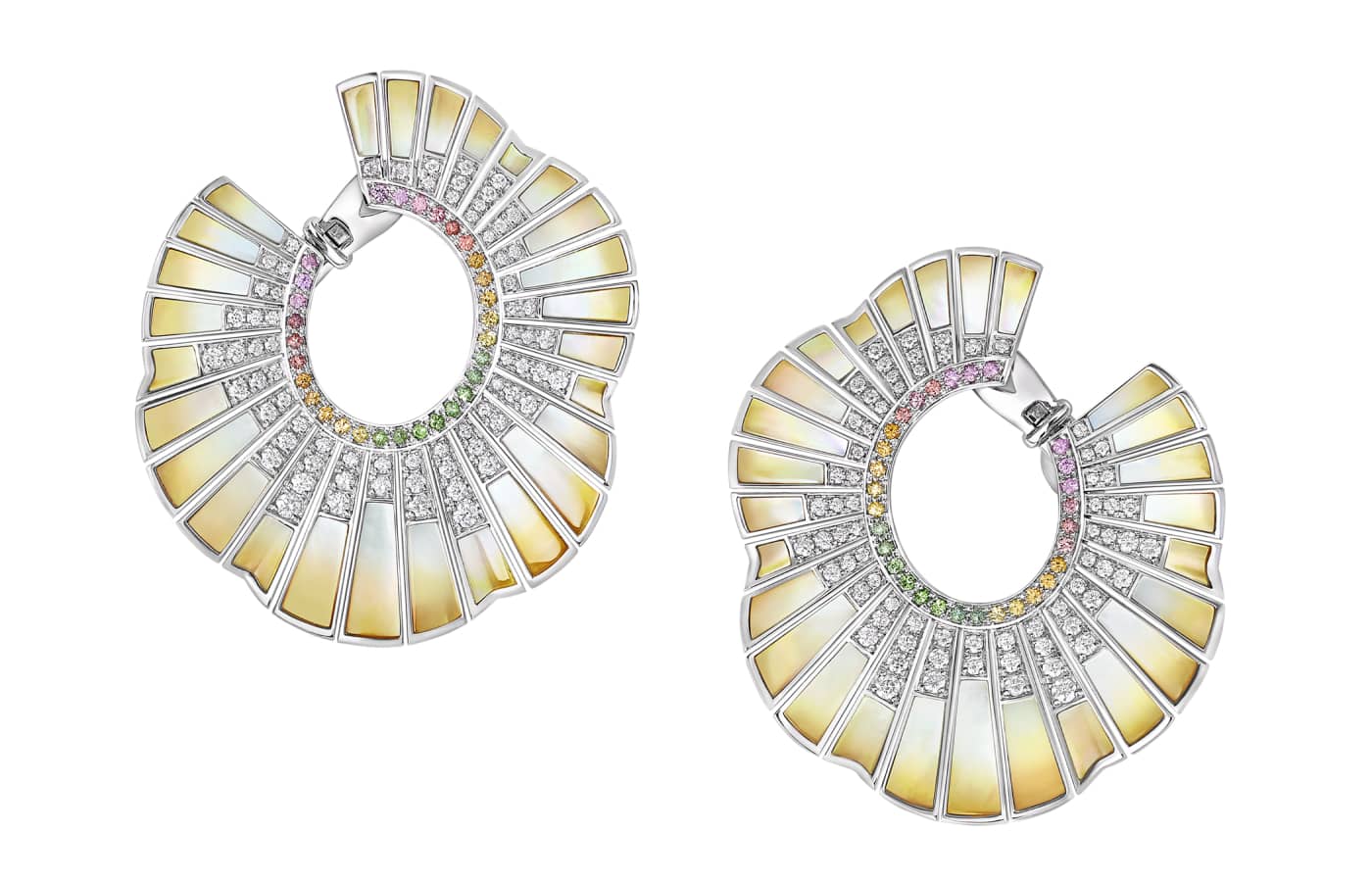  Garrard Northern Lights earrings in white gold, opal, diamond, multi-coloured sapphire, green tourmaline, tsavorite and mother-of-pearl from the Couture High Jewellery collection