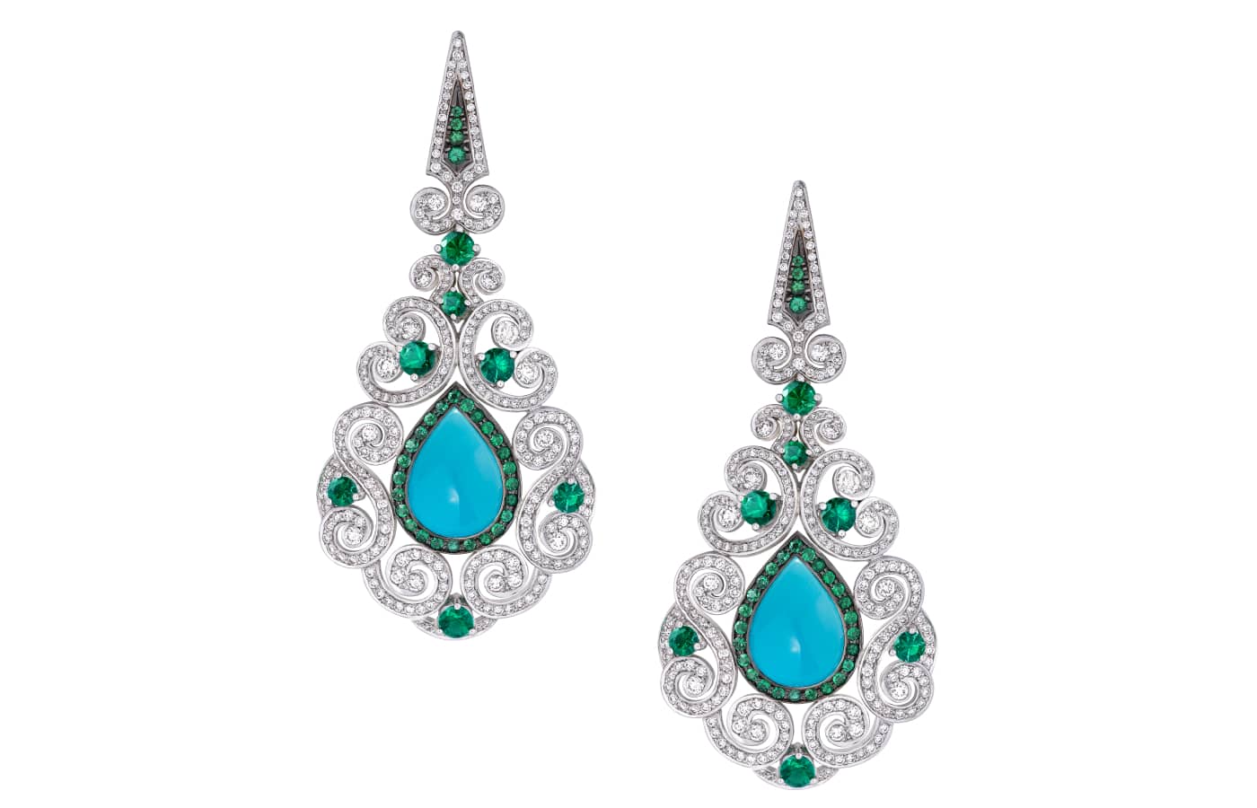  Garrard Mustique earrings in white gold, aquamarine, emerald, diamond and turquoise from the Couture High Jewellery collection