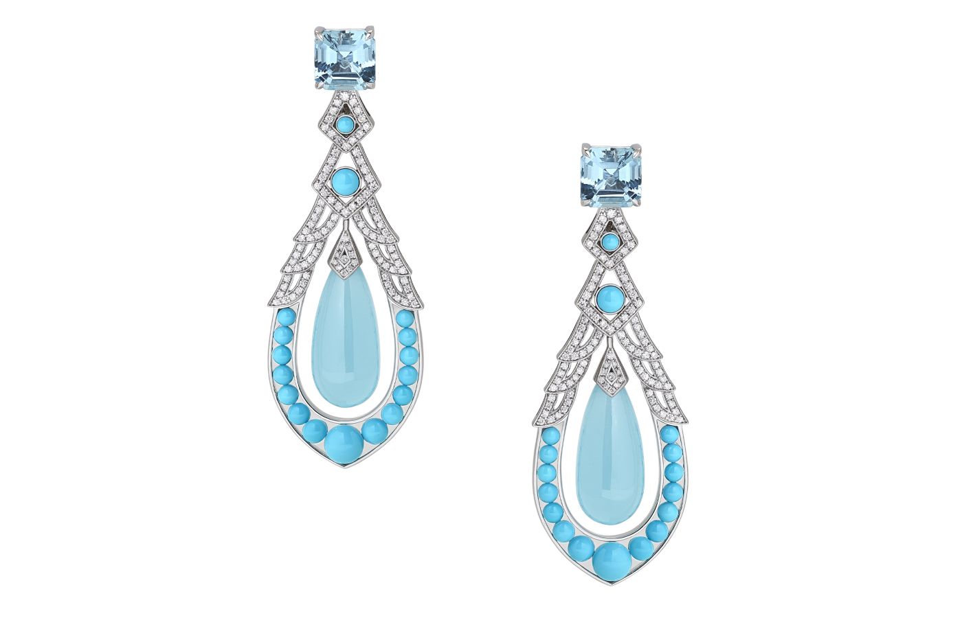  Garrard Mustique earrings in white gold, aquamarine, diamond and turquoise from the Couture High Jewellery collection